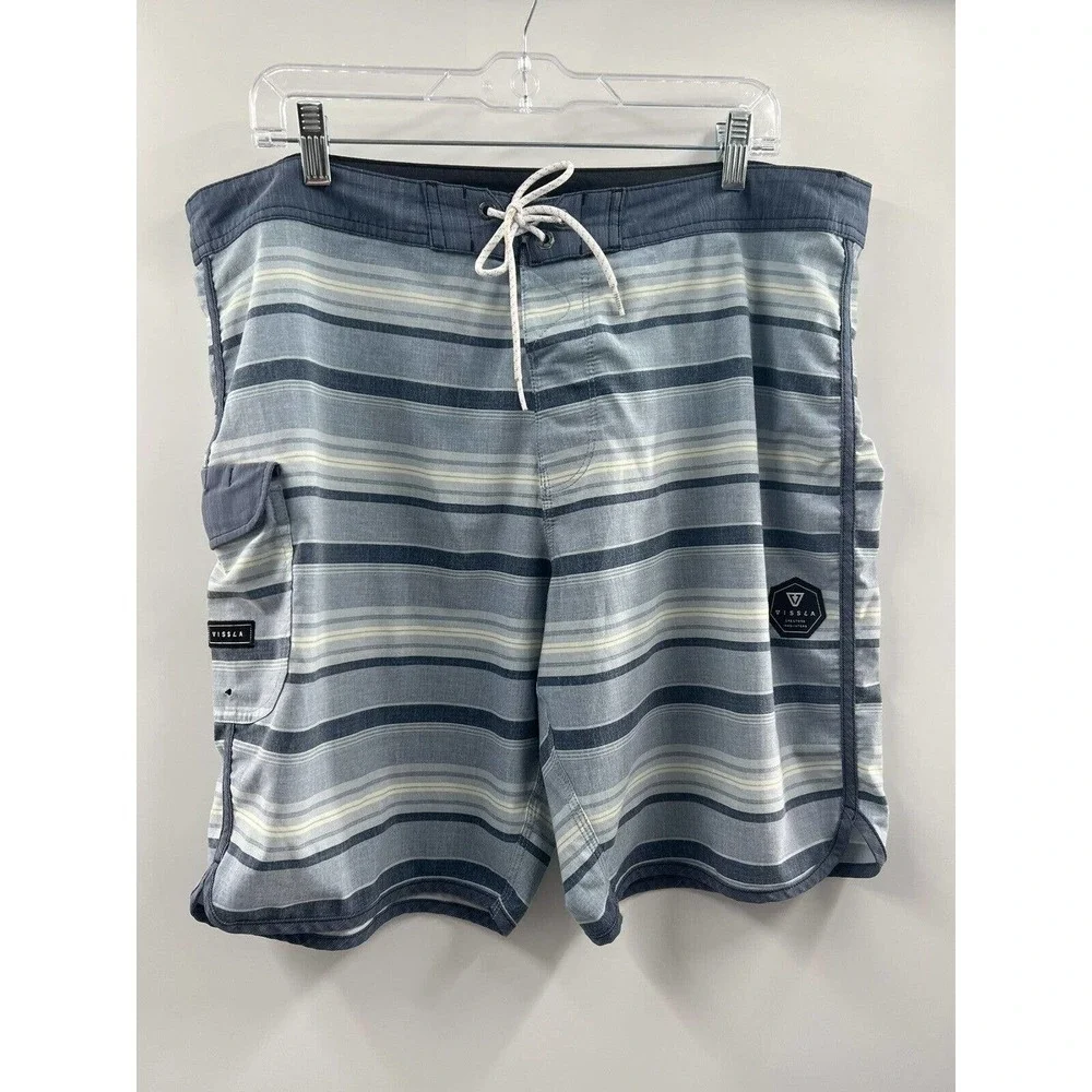 Vissla Men’s Board Shorts Hook & Loop Closure Blue Stripe Pockets Size 38 EUC